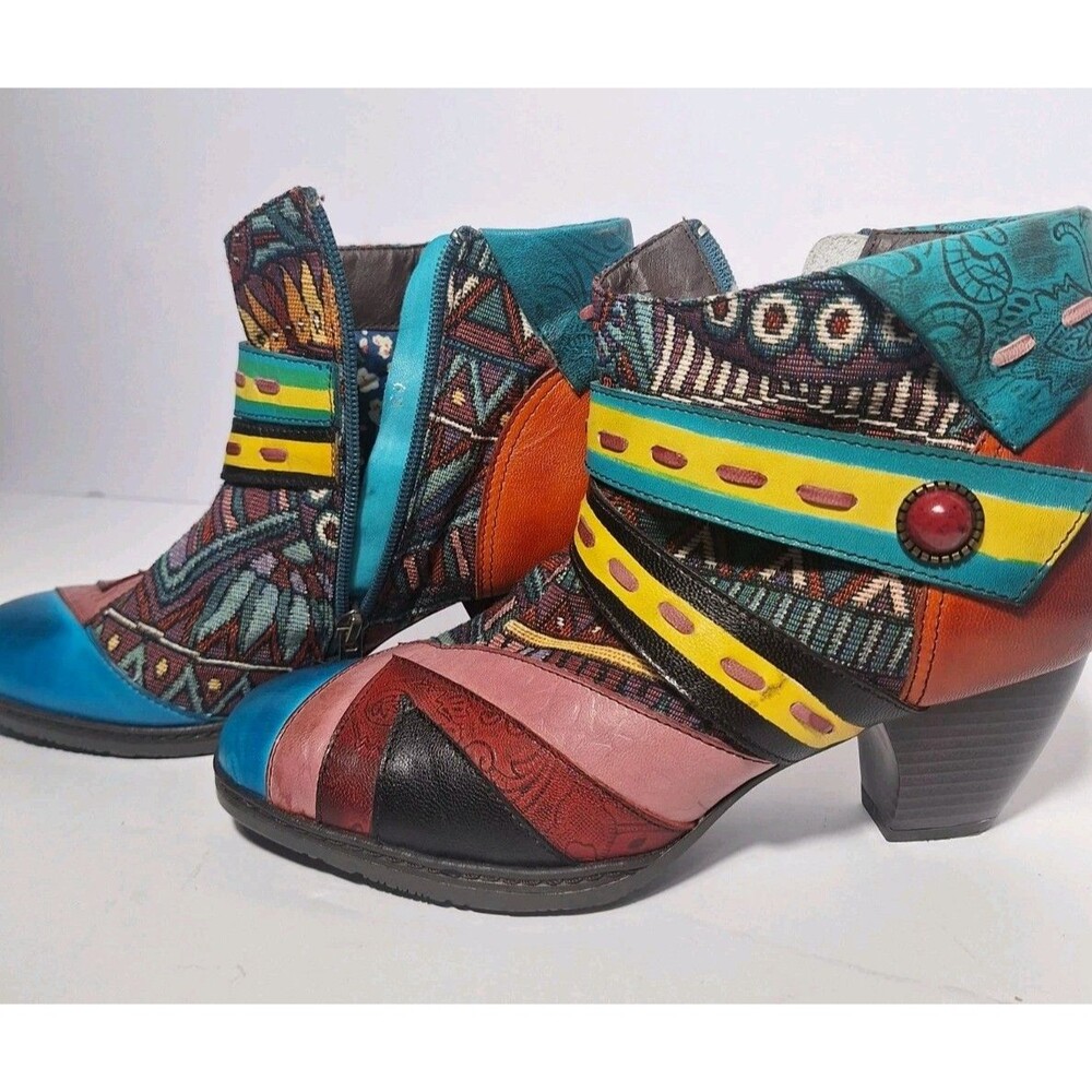 Socofy Bohemian Ankle Boots Women's Size 8 Multi Colors Block Heel Zip Closure